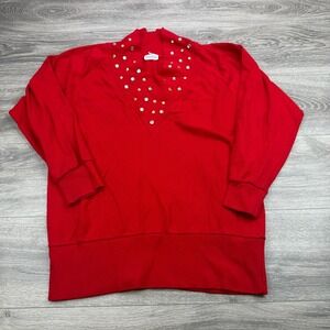 Neiman Marcus Sweatshirt Womens Large Red Rhinestone Crystal Embellished V Neck
